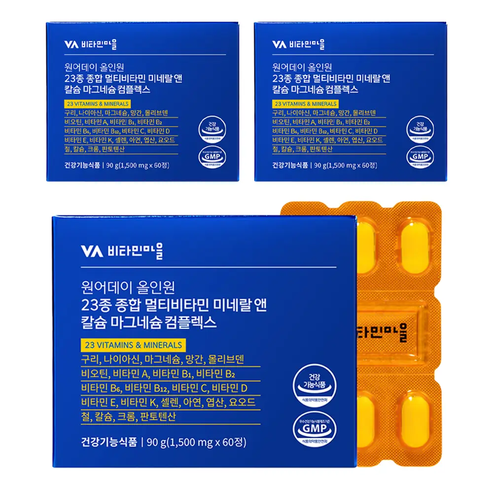 비타민마을 원어데이 올인원 23종 종합 멀티비타민 미네랄 앤 칼슘 마그네슘 컴플렉스, 3개, 60정